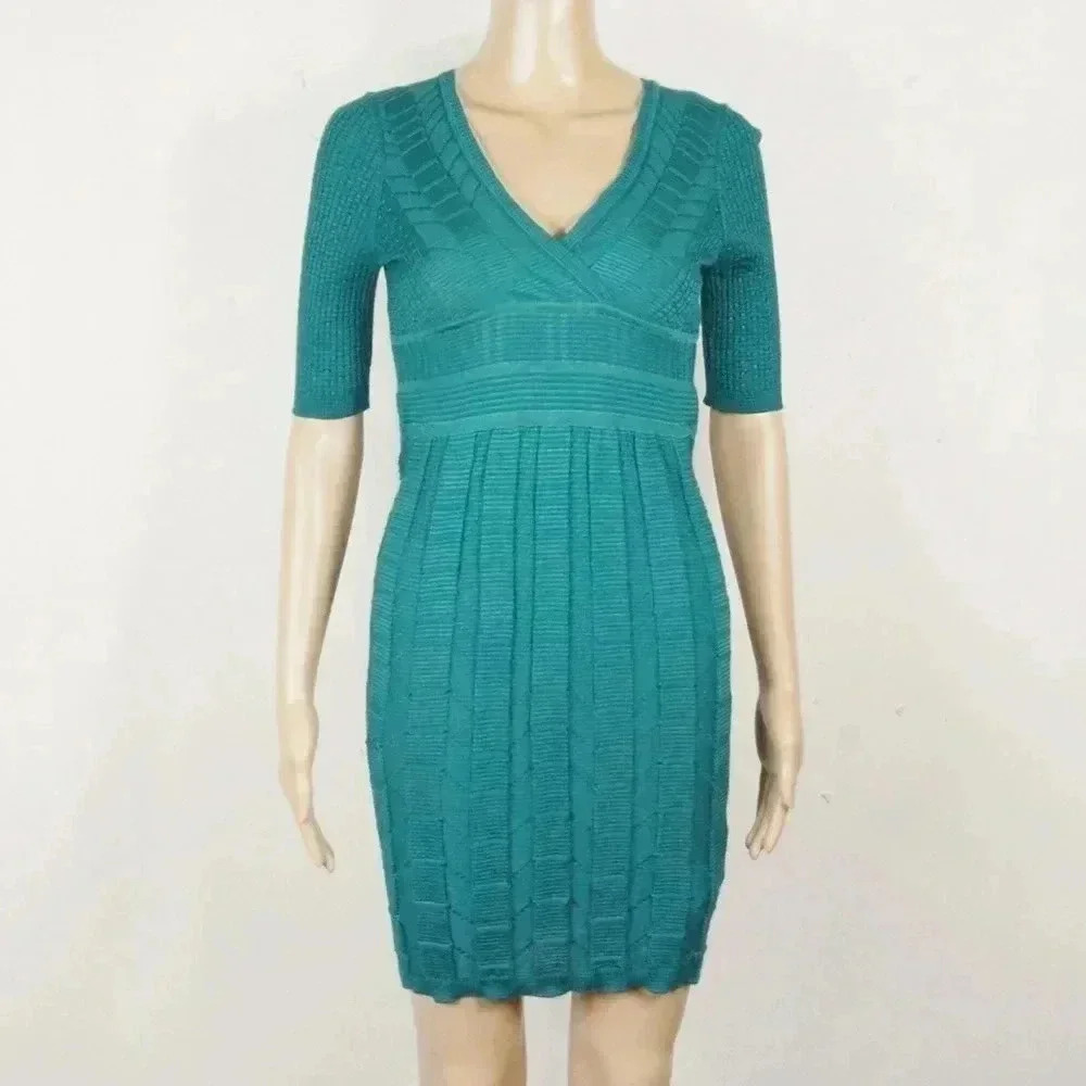 M Missoni Chevron Knit Half-Sleeve V-Neck Wool Blend Blue Dress